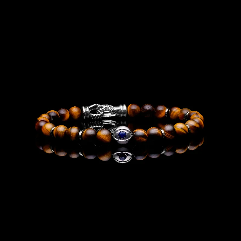 Connected band bracelet-925 Silver Evil Eye Bracelet | Tiger Eye Beaded Bracelet In Laurel Clasp