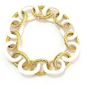 Angled stone bracelet-Elegant Alternating Yellow Gold Twist and White Jade Link Bracelet