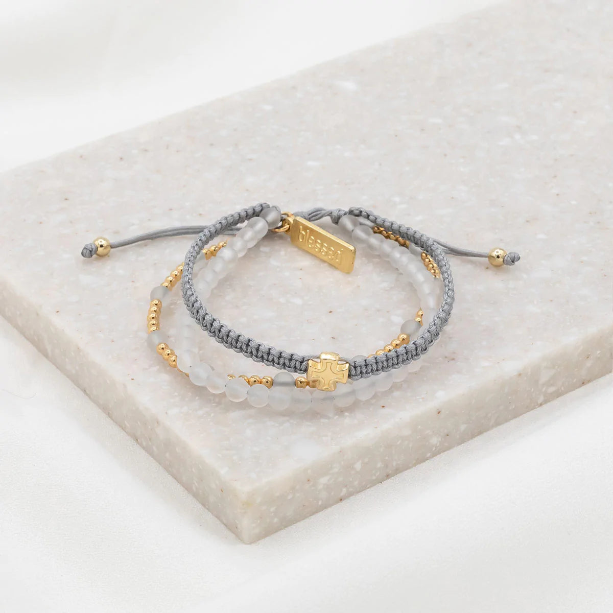 Angled stone bracelet-Be Still Prayer Bracelet - Frosted Quartz