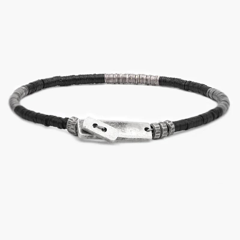 Narrow band bracelet-Bracelet With Recycled Vinyl And Sterling Silver Beads (Black)