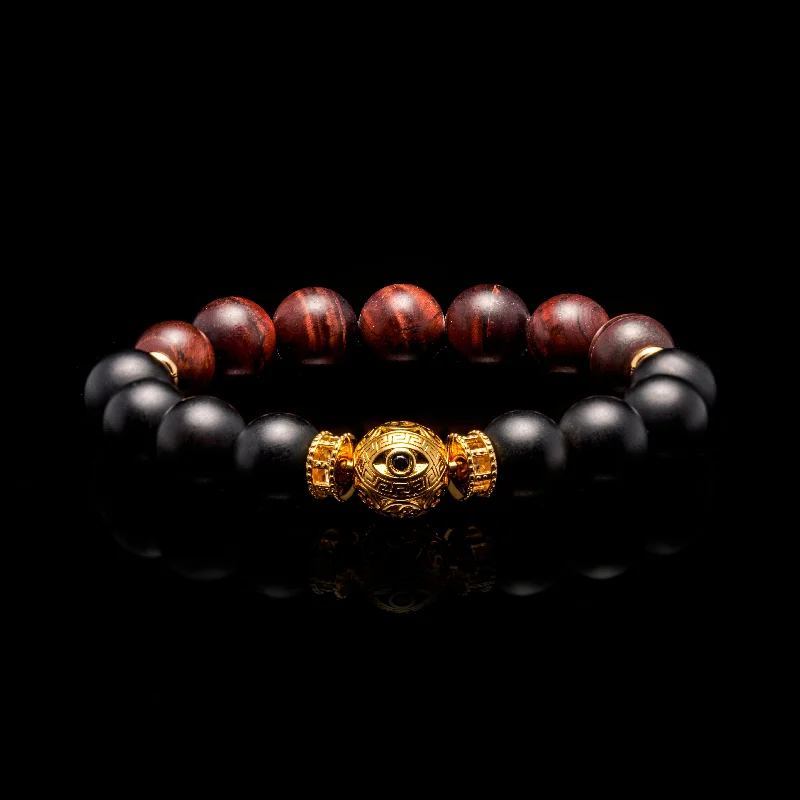 Subtle rim bracelet-Gold Evil Eye Beaded Bracelet Matt Obsidian Red Tiger Eye