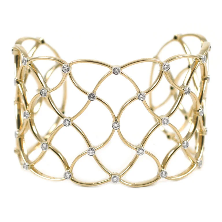 Low-profile cabochon bracelet-Gold Woven Cuff with Diamonds