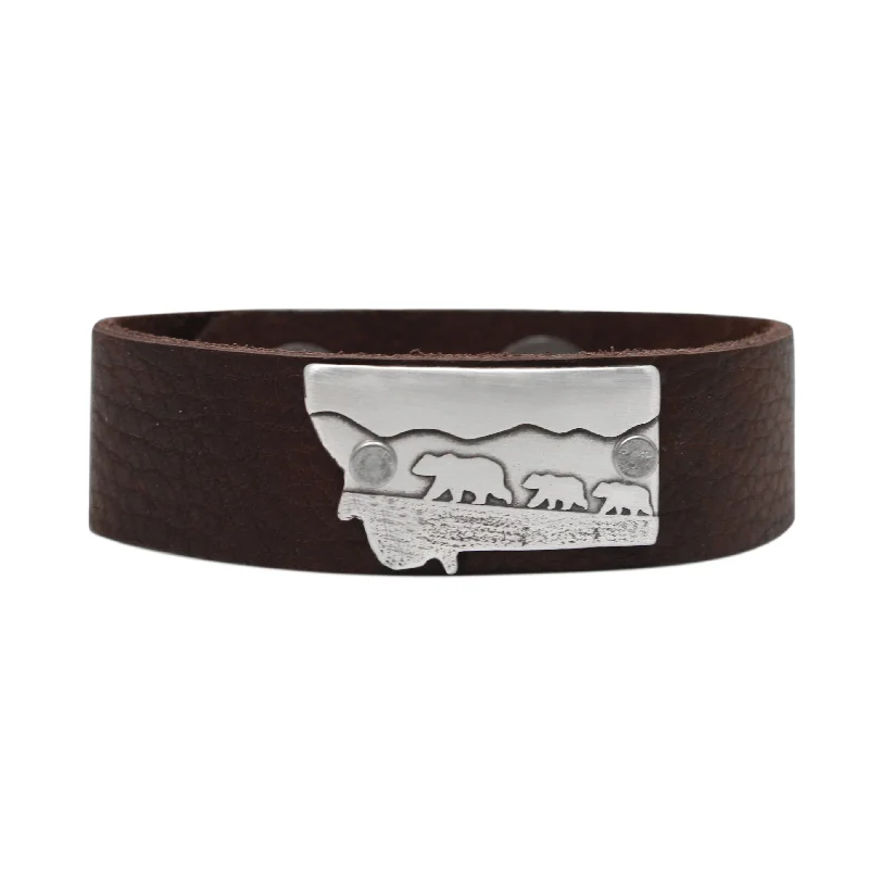 Soft silver bracelet-Mama and Cubs in Montana  Leather Cuff Bracelet