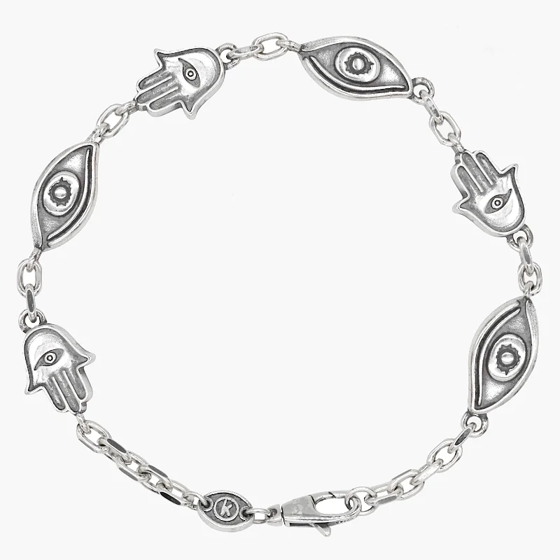 Shiny rhodium bracelet-Maxi Sterling Silver Chain Bracelet With Hamsa And Evil Eye