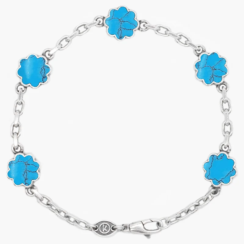 Neat cut bracelet-Multi Daisies Sterling Silver Chain Bracelet With Arizona Turquoise