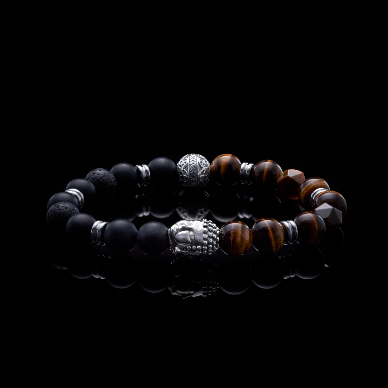 Seven-heart bracelet-Silver Buddha Bracelet with Obsidian, Tiger Eye, and Lava Stone