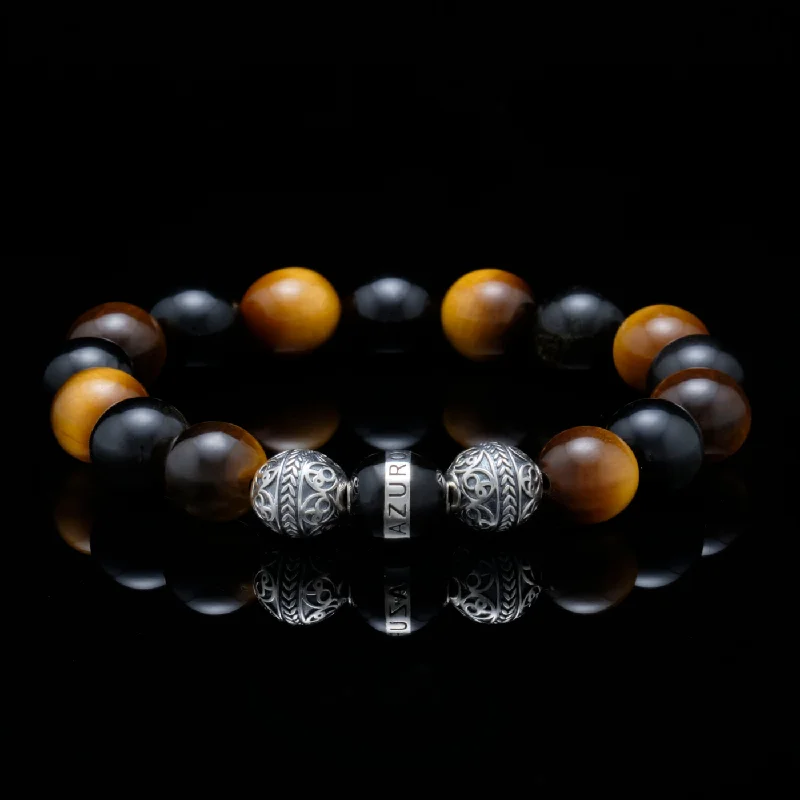 Vivid moonstone bracelet-The Crouching Tiger | Silver Enamel Black Obsidian Tiger Eye Beaded Bracelet