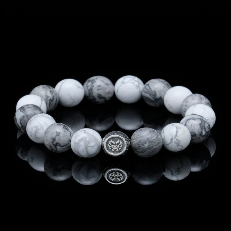 Fluted edge bracelet-The Vault Hunter | Silver Dragrose Picasso Jasper Howlite Beaded Bracelet