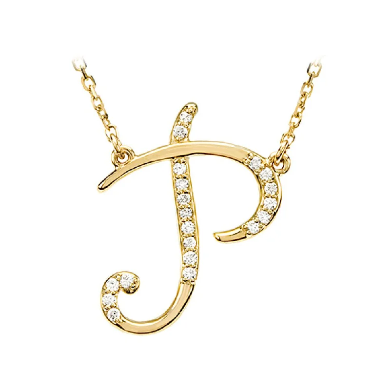 Raised stone necklace-1/10 Ctw Diamond 14k Yellow Gold Medium Script Initial P Necklace 17in