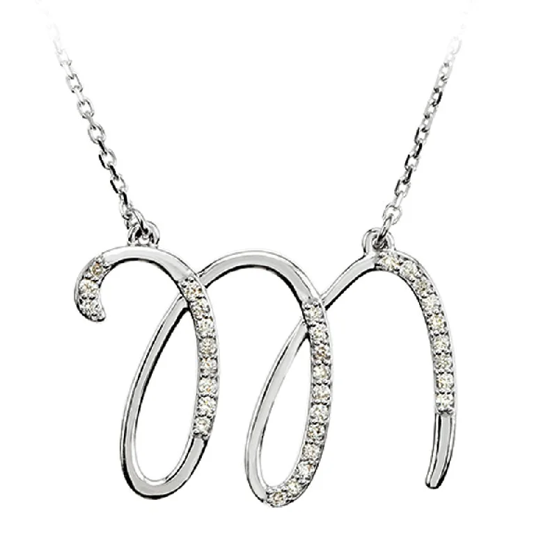 1/6 Ct Diamond 14k White Gold Medium Script Initial M Necklace, 17in