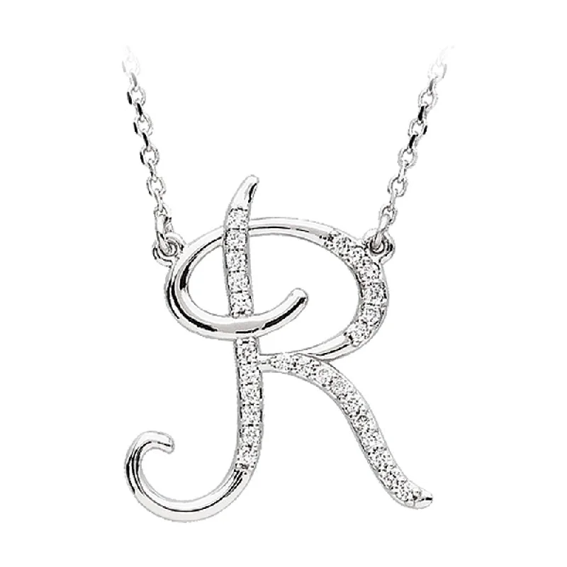 Solar glow necklace-1/8 Ct Diamond 14k White Gold Medium Script Initial R Necklace, 17in