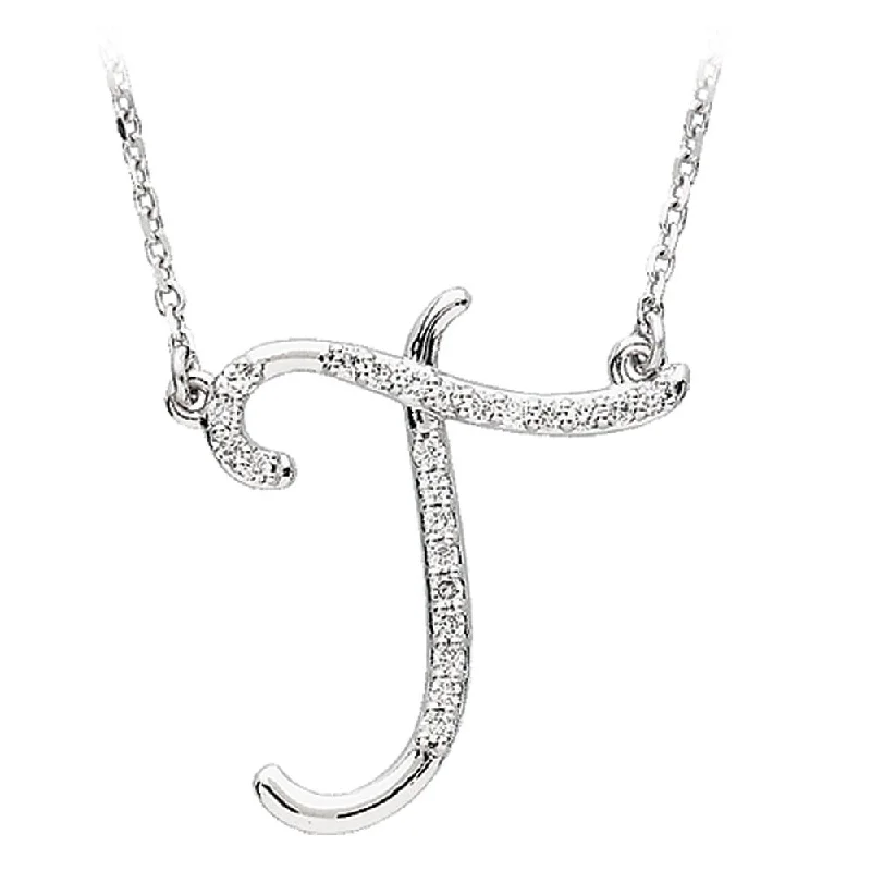 Etched nickel necklace-1/8 Ctw Diamond 14k White Gold Medium Script Initial T Necklace, 17in