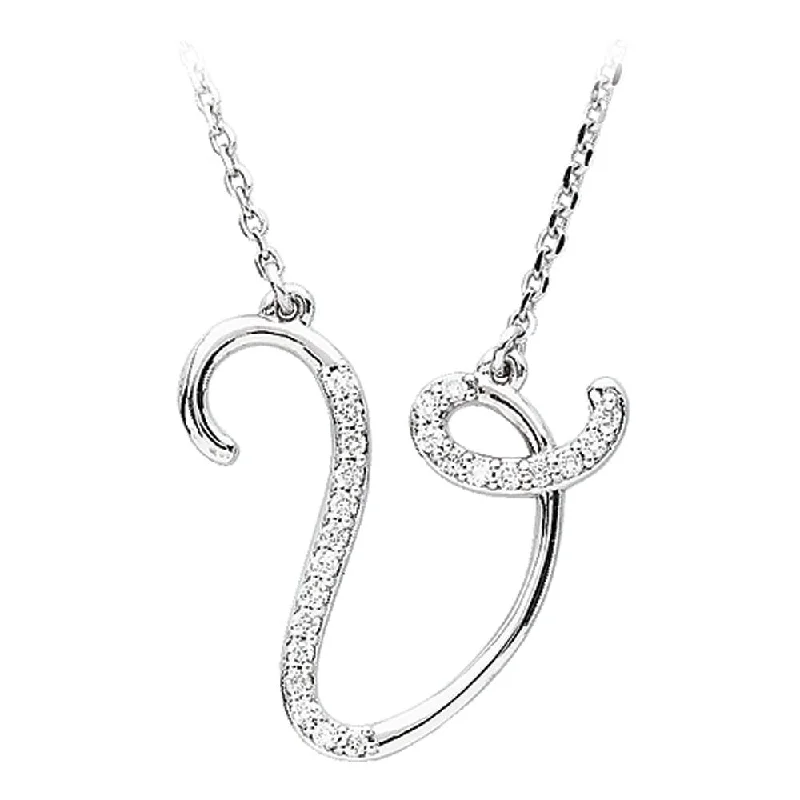 1/8 Ctw Diamond 14k White Gold Medium Script Initial V Necklace, 17in