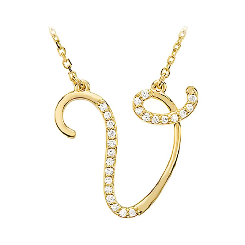 Encased stone necklace-1/8 Ctw Diamond 14k Yellow Gold Medium Script Initial V Necklace, 17in