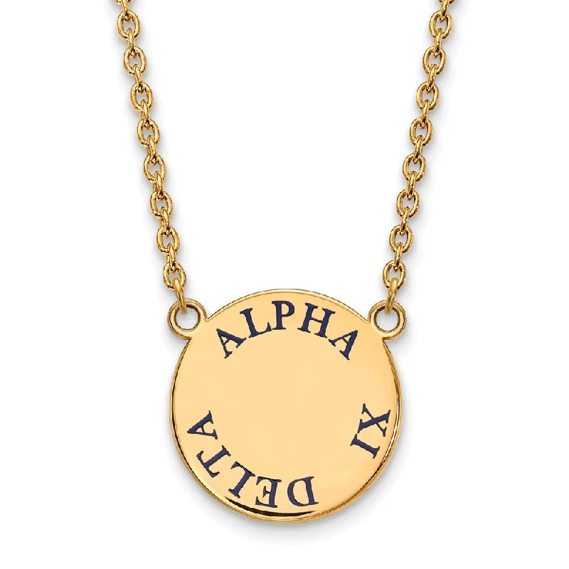 14K Plated Silver Alpha Xi Delta Large Blue Enamel Disc Necklace