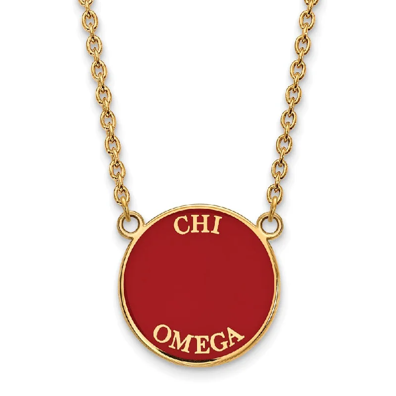 14K Plated Silver Chi Omega Large Red Enamel Disc Necklace