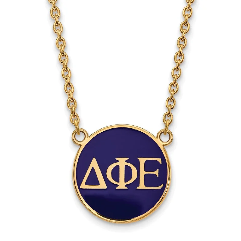 Hand-scored necklace-14K Plated Silver Delta Phi Epsilon Large Blue Enamel Disc Necklace