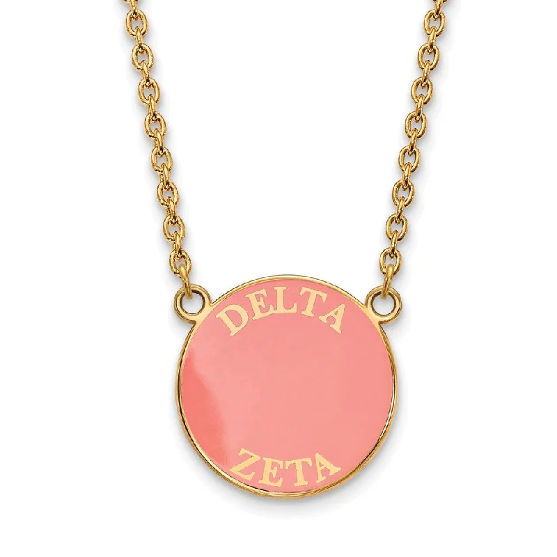 14K Plated Silver Delta Zeta Large Pink Enamel Disc Necklace