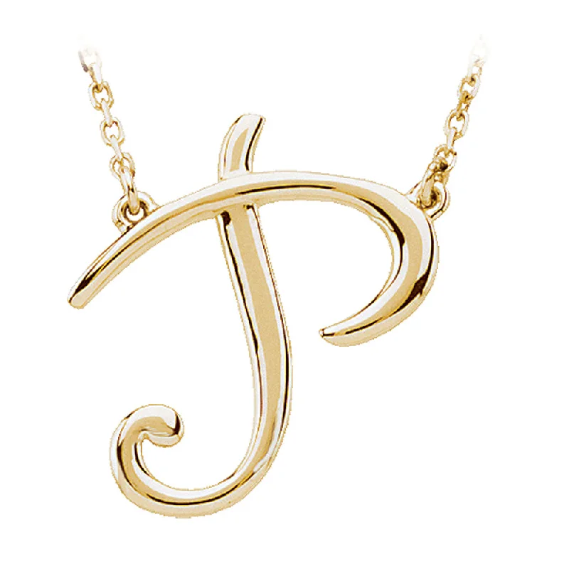 Domed bar necklace-14k Yellow Gold, Olivia Collection, Medium Script Initial P Necklace