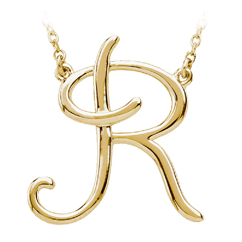 14k Yellow Gold, Olivia Collection, Medium Script Initial R Necklace