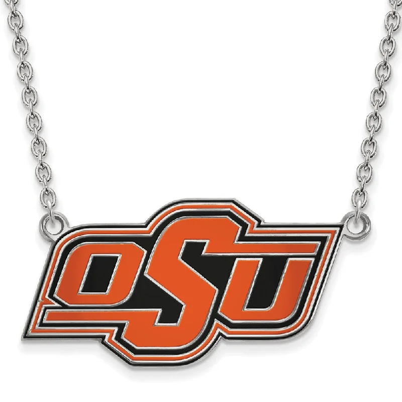 Sterling Silver Oklahoma State Large OSU Enamel Pendant Necklace