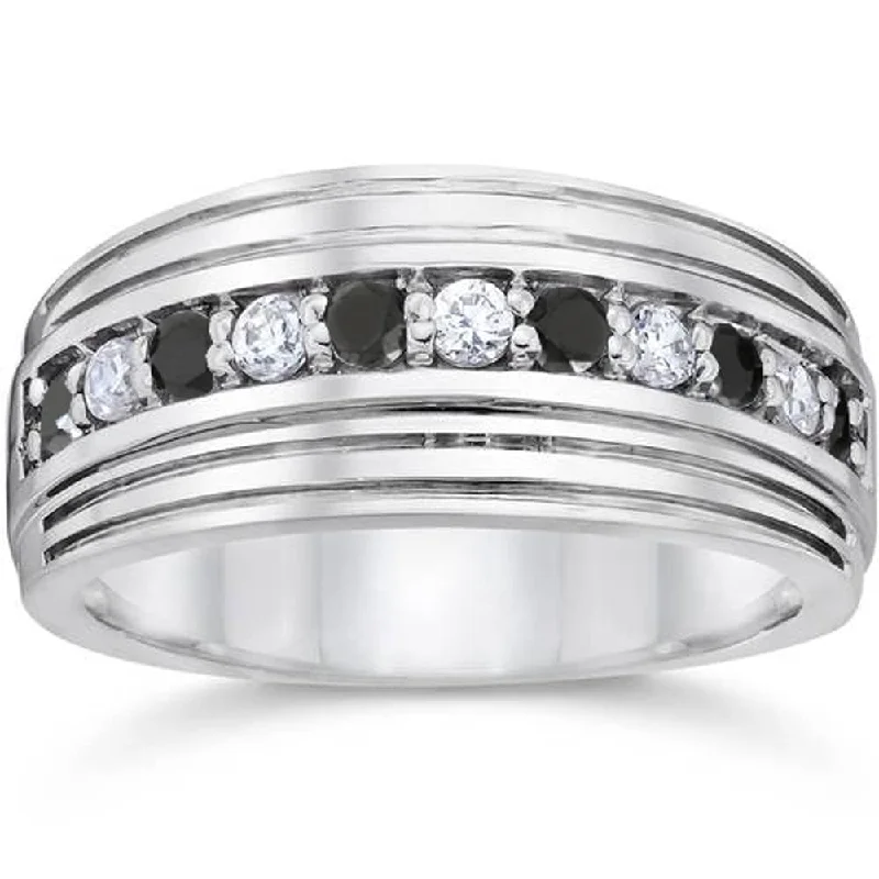 Curved gem ring-1/2Ct Black & White Diamond Mens Wedding Anniversary Ring 10k White Gold