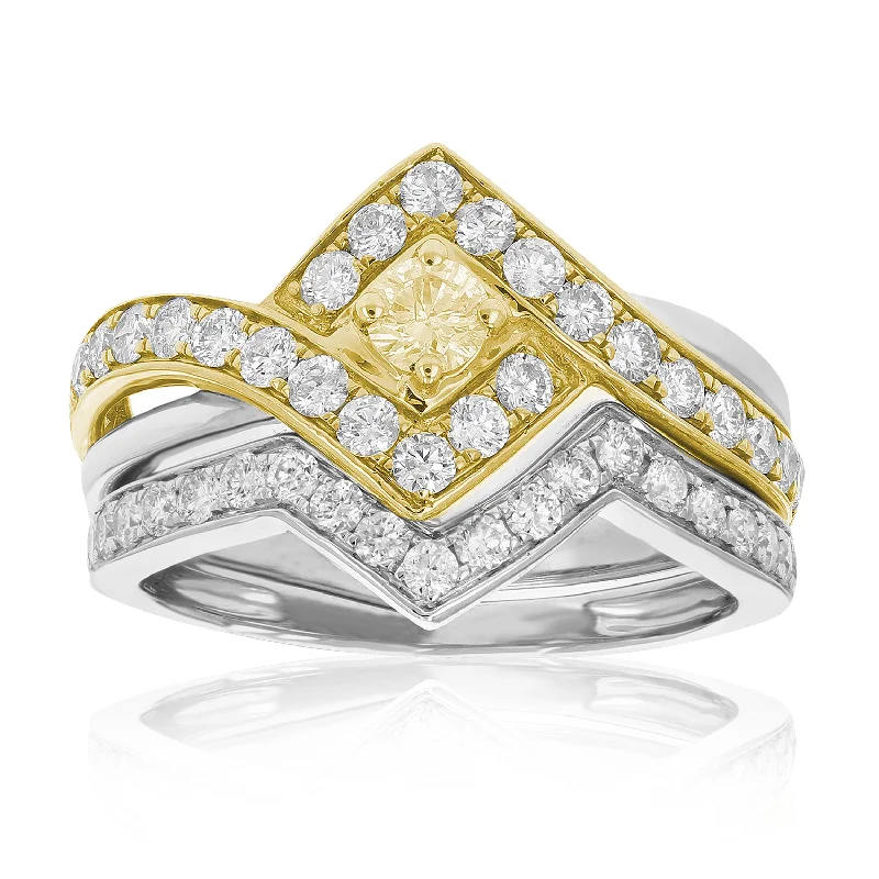 Dusk-cut ring-1 cttw Diamond Wedding Engagement Ring Set 14K Two Tone Gold Princess Halo Style