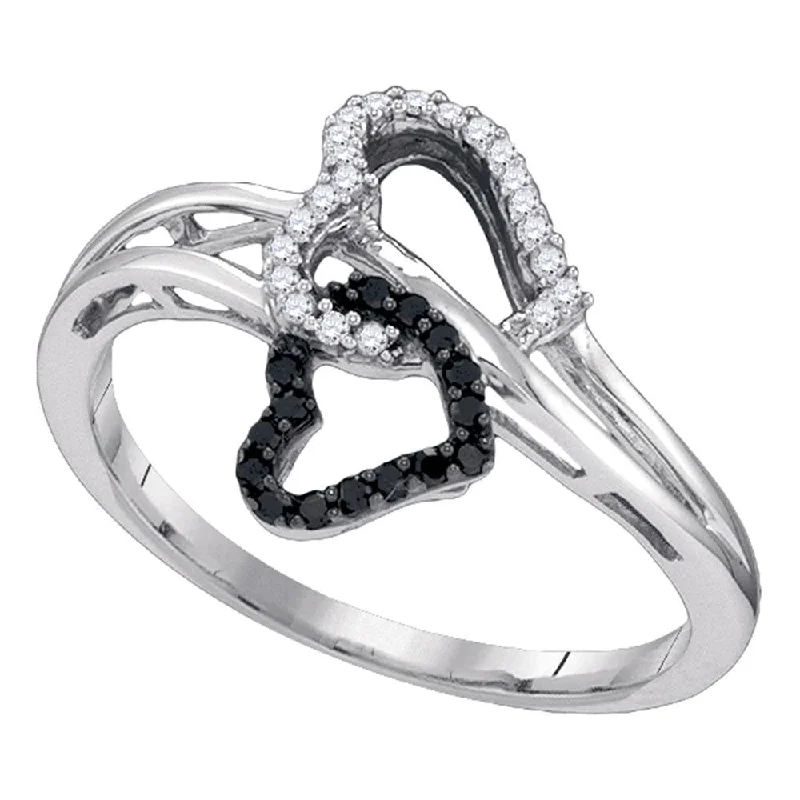 Vivid moonstone ring-10k White Gold Black Color Enhanced Round Diamond Womens Double Heart Ring 1/6 Cttw