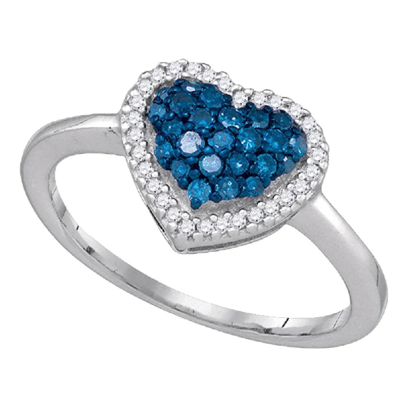 Shimmering cut ring-10k White Gold Womens Blue Color Enhanced Diamond Heart Cluster Anniversary Ring 1/3 Cttw