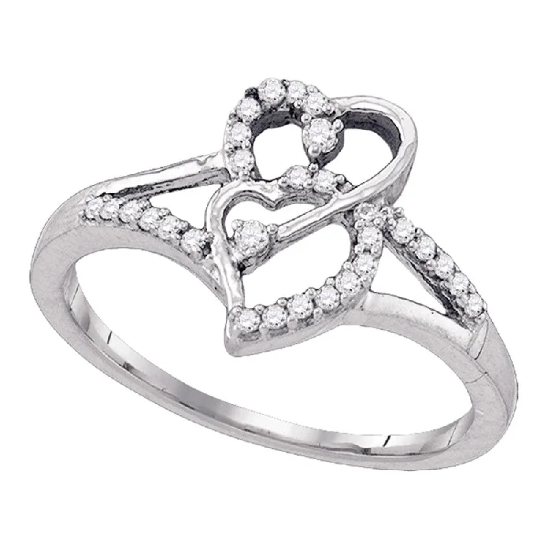 Shadow moon ring-10k White Gold Womens Round Diamond Double Heart Promise Ring 1/6 Cttw