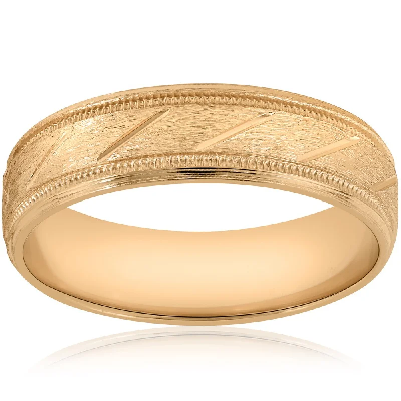 Subtle rim ring-10K Yellow Gold 6mm Brushed Hand Carved Mens Wedding Band