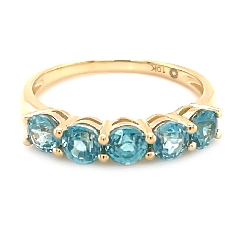 Open twist ring-10K Yellow Gold Blue Zircon Gemstone 5 StoneBand Ring