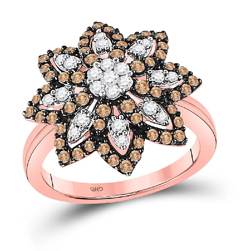 Etched nickel ring-10kt Rose Gold Womens Round Brown Diamond Flower Cluster Ring 1 Cttw