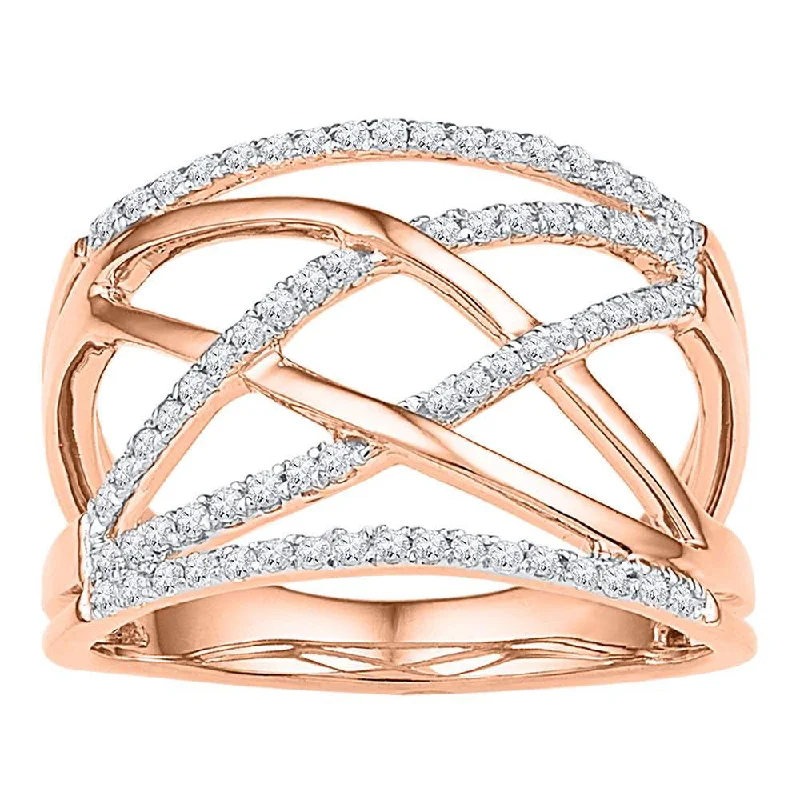 Radiant iolite ring-10kt Rose Gold Womens Round Diamond Crisscross Crossover Band Ring 1/3 Cttw