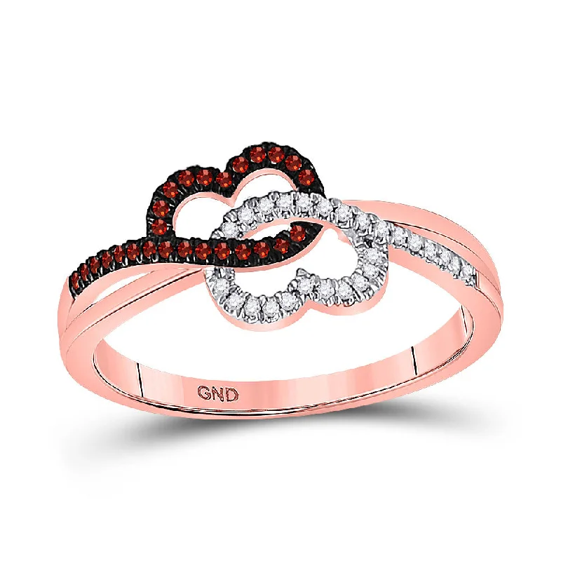 Angled stone ring-10kt Rose Gold Womens Round Red Color Enhanced Diamond Double Linked Heart Ring 1/6 Cttw