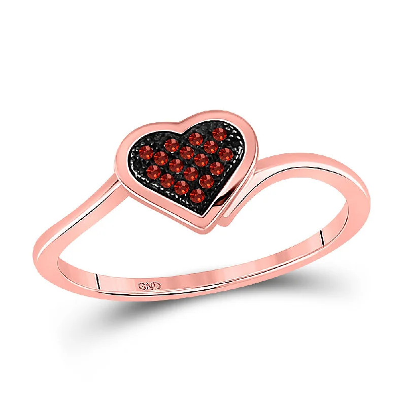 Offset band ring-10kt Rose Gold Womens Round Red Color Enhanced Diamond Heart Cluster Ring 1/20 Cttw