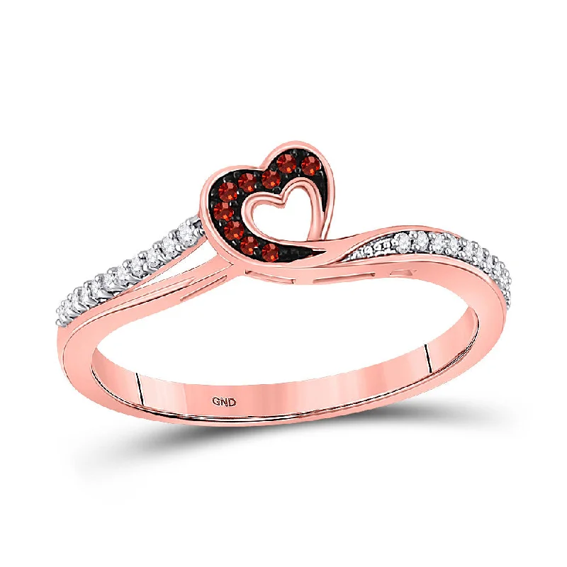 Tide-wave ring-10kt Rose Gold Womens Round Red Color Enhanced Diamond Heart Ring 1/10 Cttw