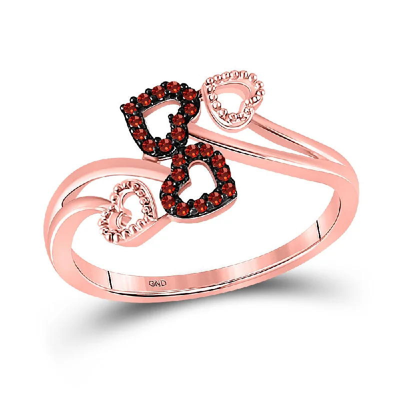 Vivid gem ring-10kt Rose Gold Womens Round Red Color Enhanced Diamond Heart Ring 1/20 Cttw