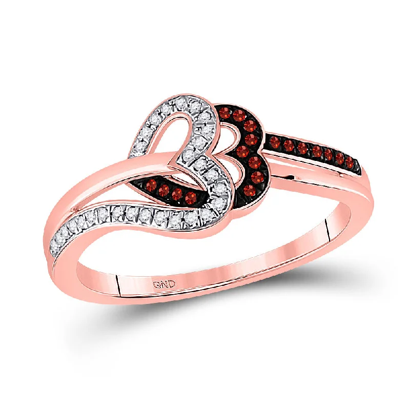 Furrowed edge ring-10kt Rose Gold Womens Round Red Color Enhanced Diamond Heart Ring 1/6 Cttw