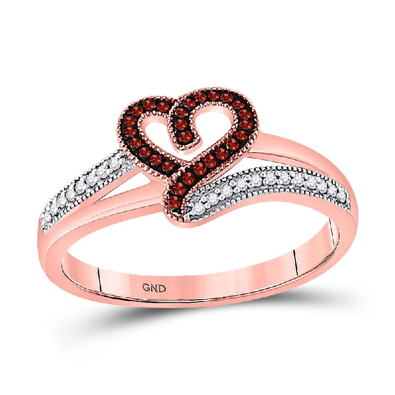 Vivid garnet ring-10kt Rose Gold Womens Round Red Color Enhanced Diamond Heart Ring 1/8 Cttw