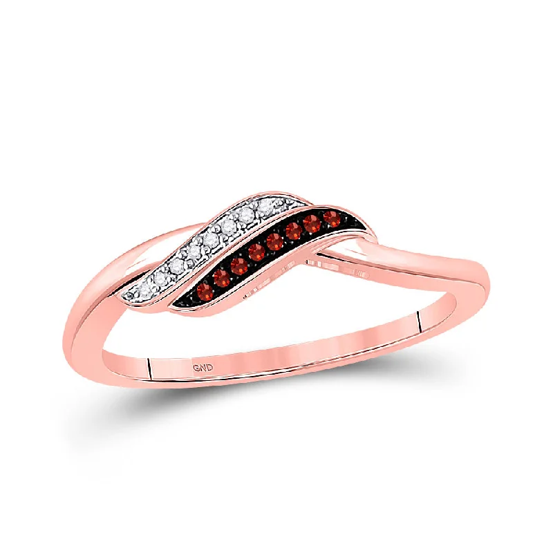 Slim-band ring-10kt Rose Gold Womens Round Red Color Enhanced Diamond Slender Crossover Ring 1/20 Cttw