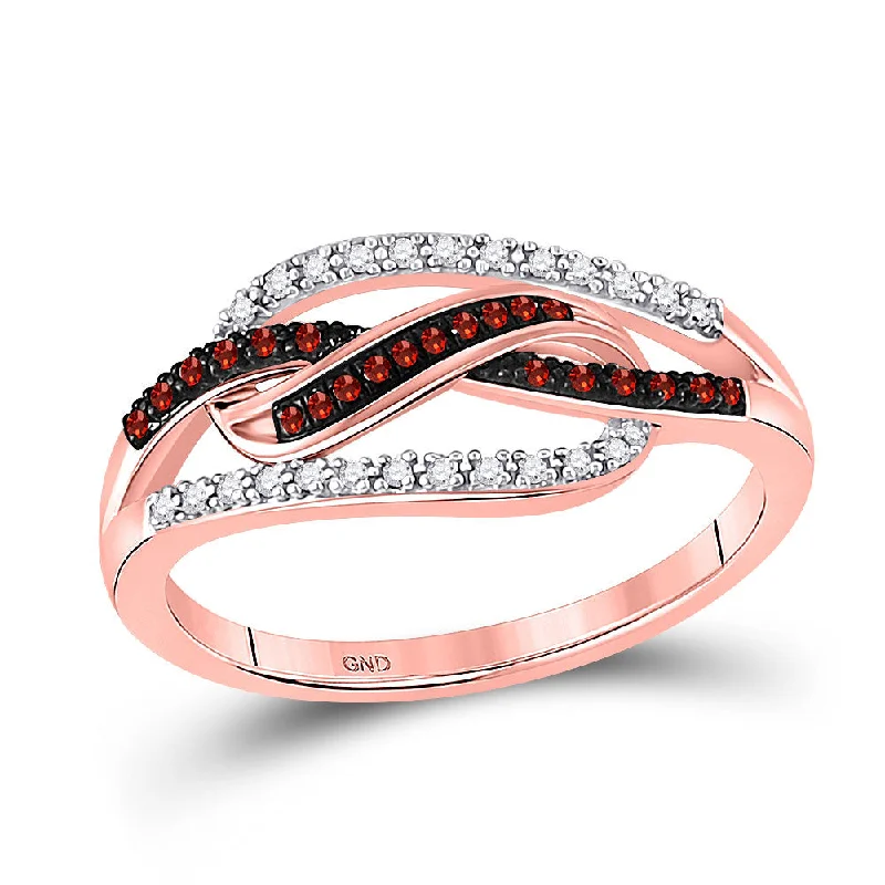 Winding design ring-10kt Rose Gold Womens Round Red Color Enhanced Diamond Woven Fashion Ring 1/6 Cttw