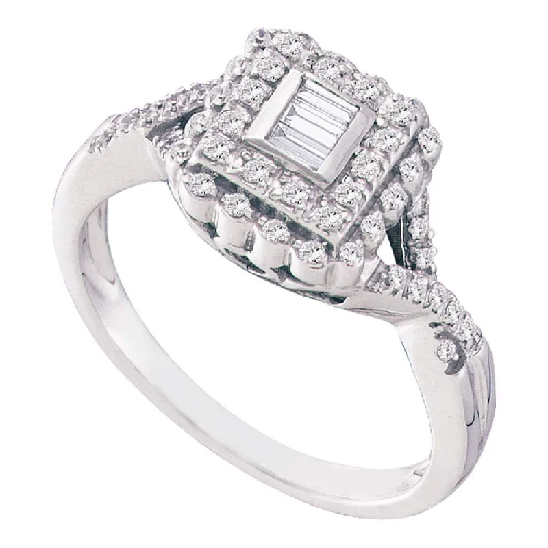 Open twist ring-10kt White Gold Womens Baguette Diamond Square Halo Cluster Ring 1/4 Cttw