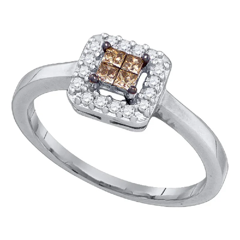 Diverse gem ring-10kt White Gold Womens Princess Brown Diamond Square Cluster Halo Ring 1/4 Cttw