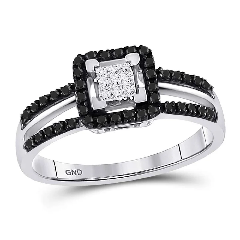 Sparkling silver ring-10kt White Gold Womens Round Black Color Enhanced Diamond Cluster Ring 1/3 Cttw