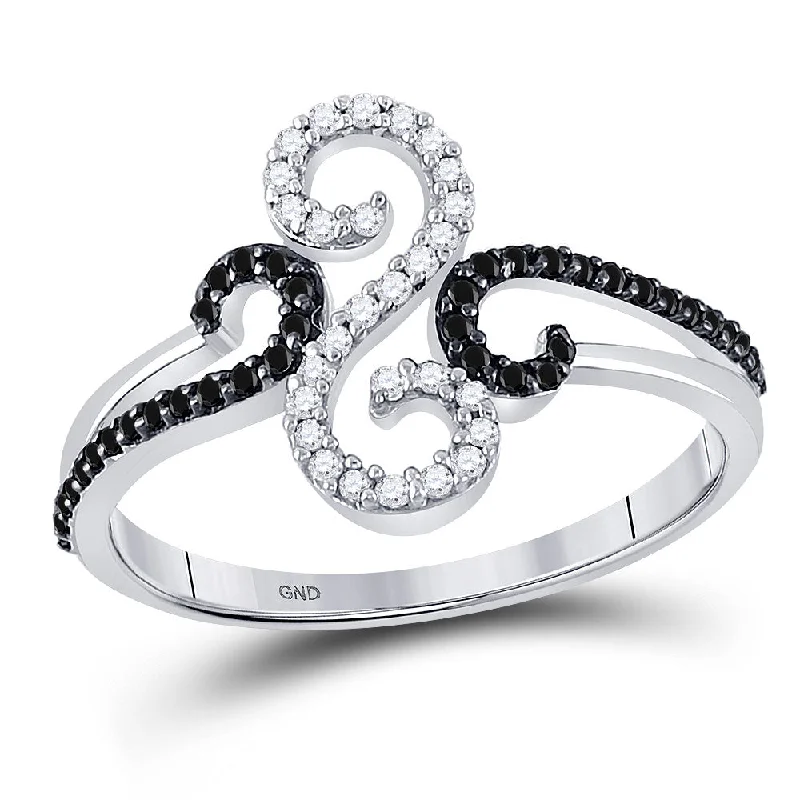 Shiny rhodium ring-10kt White Gold Womens Round Black Color Enhanced Diamond Swirl Ring 1/5 Cttw