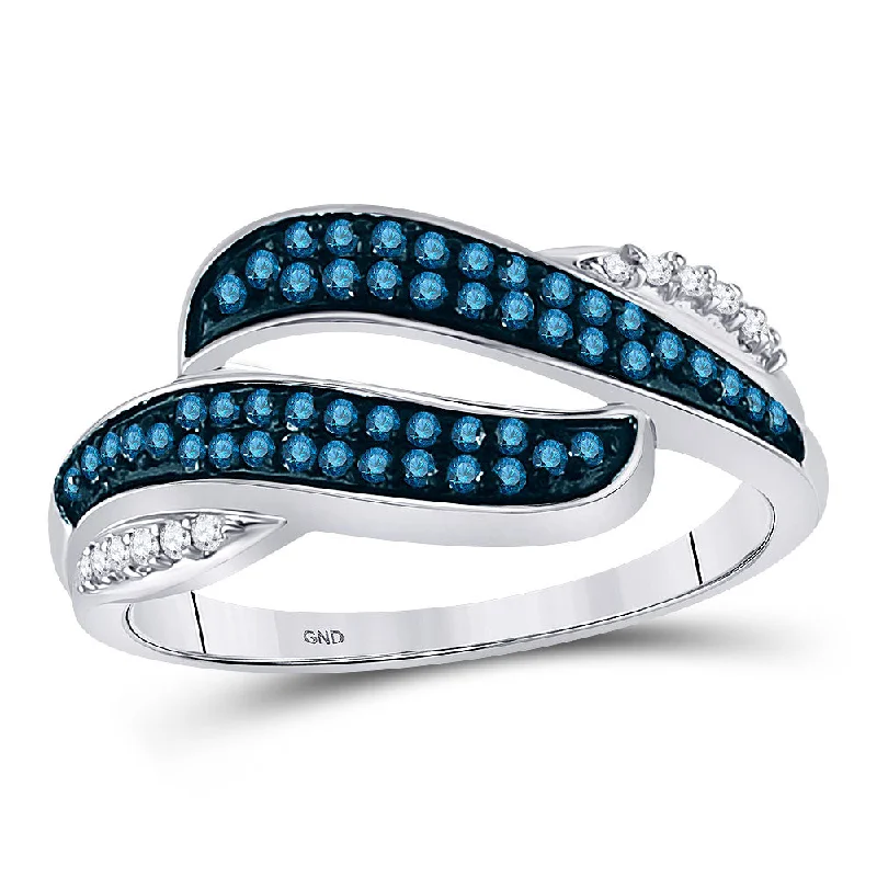 Light-carved ring-10kt White Gold Womens Round Blue Color Enhanced Diamond Bypass Double Row Band 1/3 Cttw