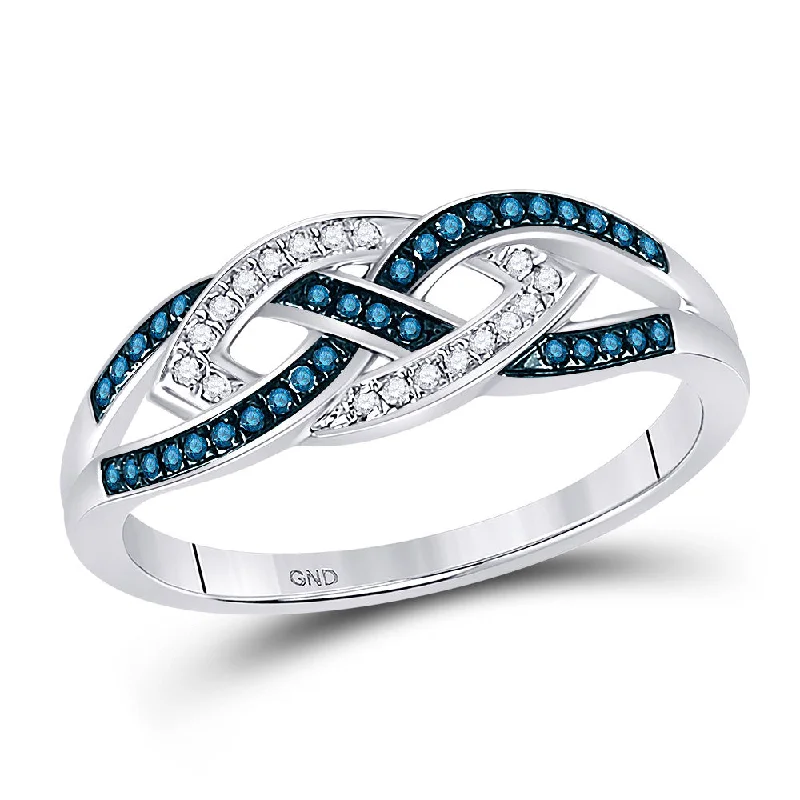 Rustic-edge ring-10kt White Gold Womens Round Blue Color Enhanced Diamond Crossover Braid Ring 1/6 Cttw