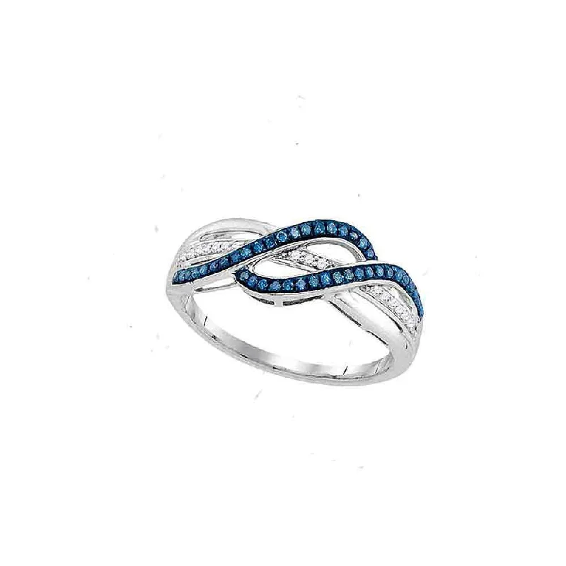 Narrow shank ring-10kt White Gold Womens Round Blue Color Enhanced Diamond Double Row Crossover Band 1/5 Cttw