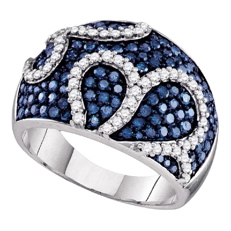 Hand-scored ring-10kt White Gold Womens Round Blue Color Enhanced Diamond Fashion Ring 1-1/2 Cttw